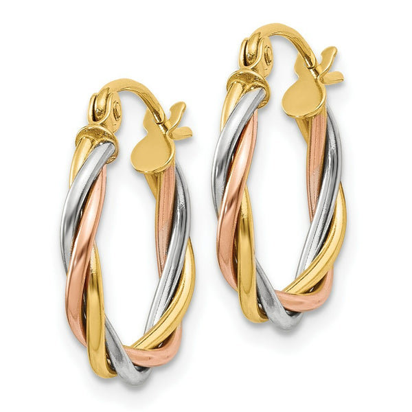 14K Tri-Color Gold Polished 2.5mm Twisted Hoop Earrings  8mm length