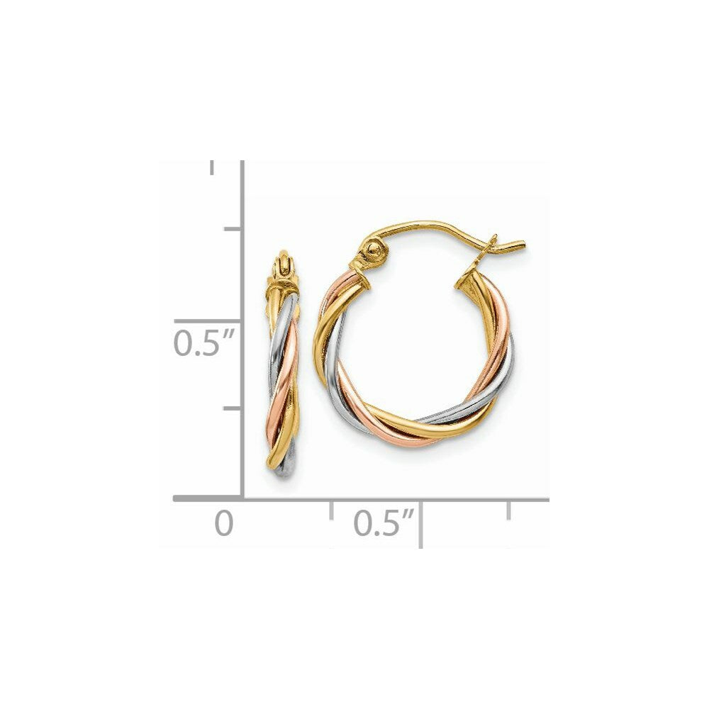 14K Tri-Color Gold Polished 2.5mm Twisted Hoop Earrings  8mm length
