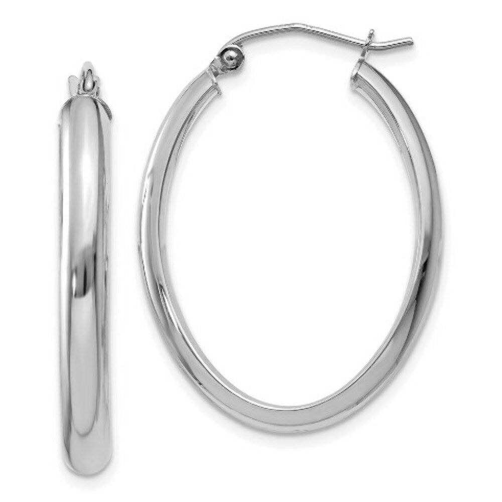 14K White Gold Polished 3.5mm Oval Hoop Earrings  20mm length