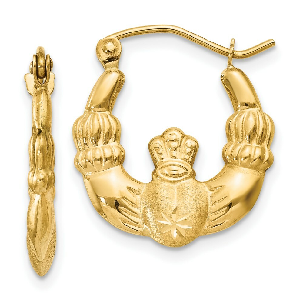 14K Yellow Gold Polished & Satin Claddagh Hoop Earrings  3mm width