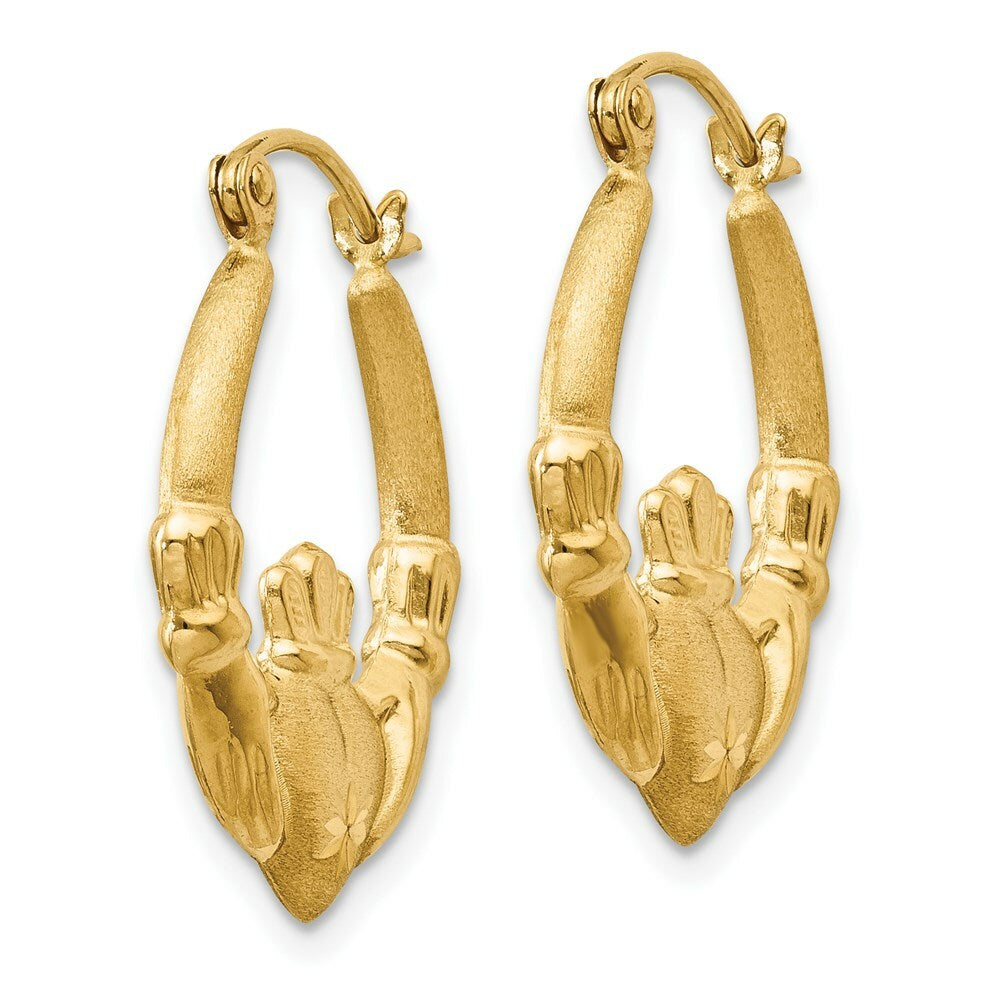 14K Yellow Gold Polished & Satin Claddagh Hoop Earrings  4mm width