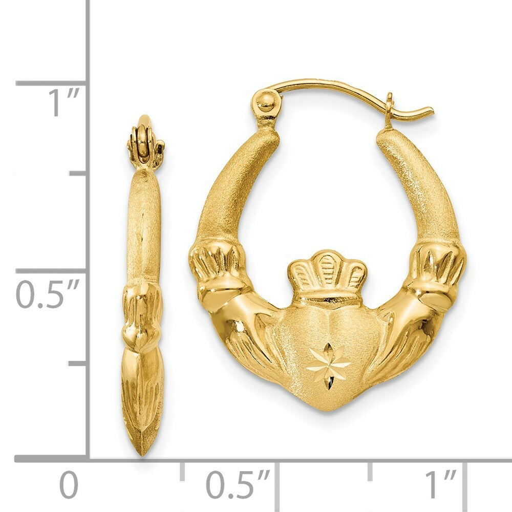 14K Yellow Gold Polished & Satin Claddagh Hoop Earrings  4mm width
