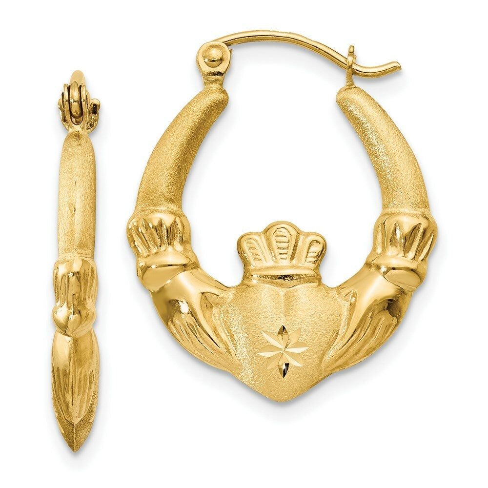 14K Yellow Gold Polished & Satin Claddagh Hoop Earrings  4mm width