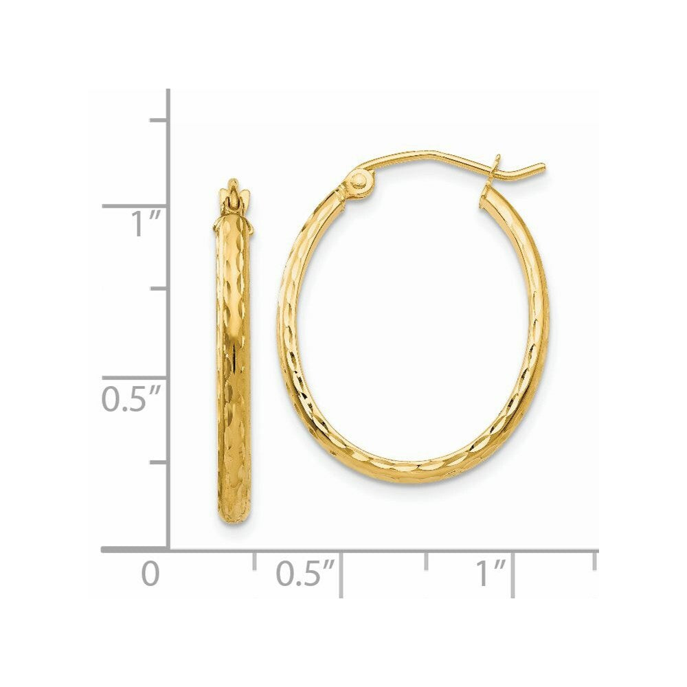 14K Yellow Gold Lightweight Diamond-cut Oval Hoop Earrings  17mm length