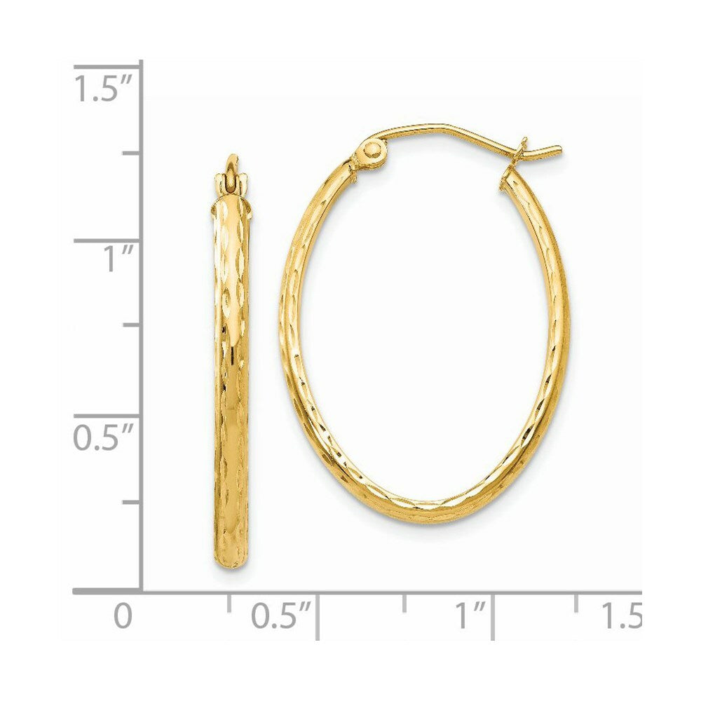 14K Yellow Gold Lightweight Diamond-cut Oval Hoop Earrings  18mm length