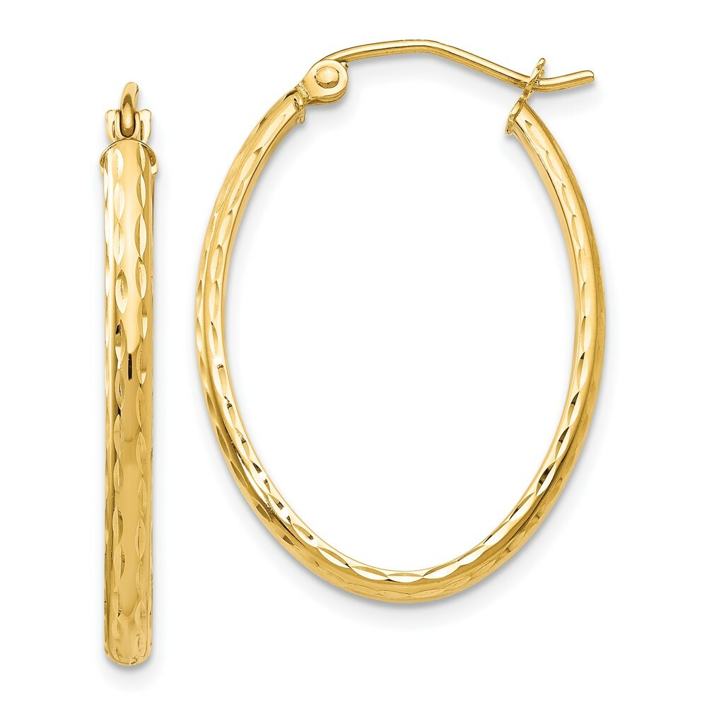 14K Yellow Gold Lightweight Diamond-cut Oval Hoop Earrings  18mm length
