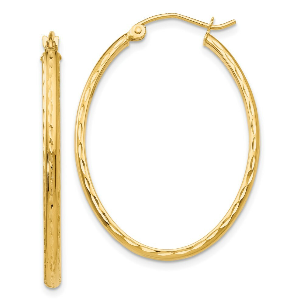 14K Yellow Gold Lightweight Diamond-cut Oval Hoop Earrings  22mm length
