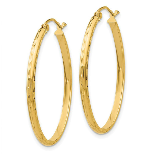 14K Yellow Gold Lightweight Diamond-cut Oval Hoop Earrings  22mm length