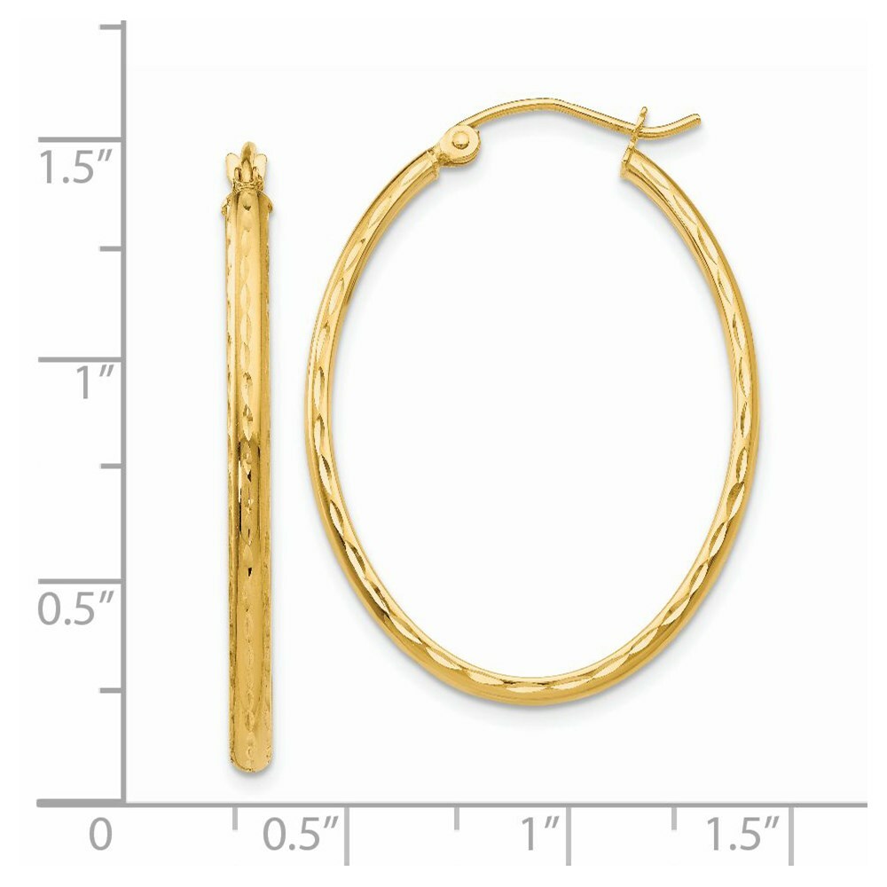 14K Yellow Gold Lightweight Diamond-cut Oval Hoop Earrings  22mm length