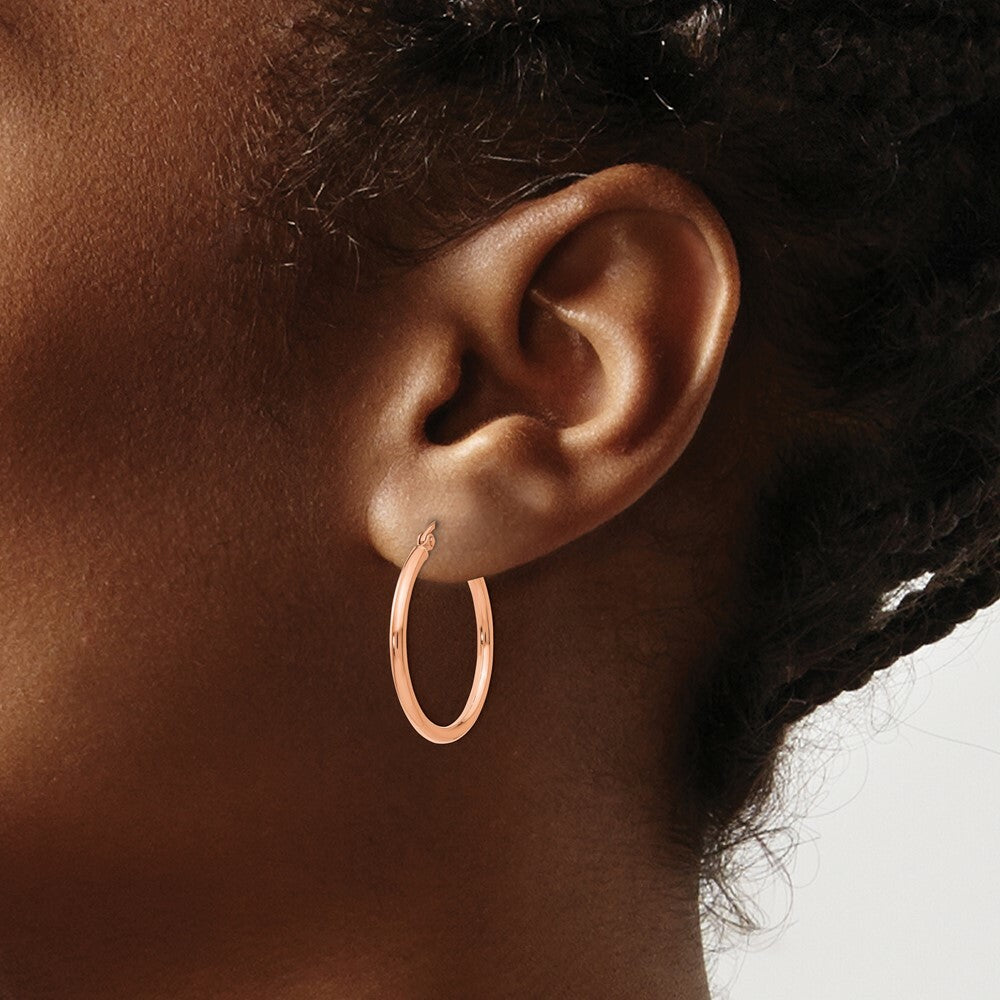 14K Rose Gold 2mm Polished Hoop Earrings  25mm length