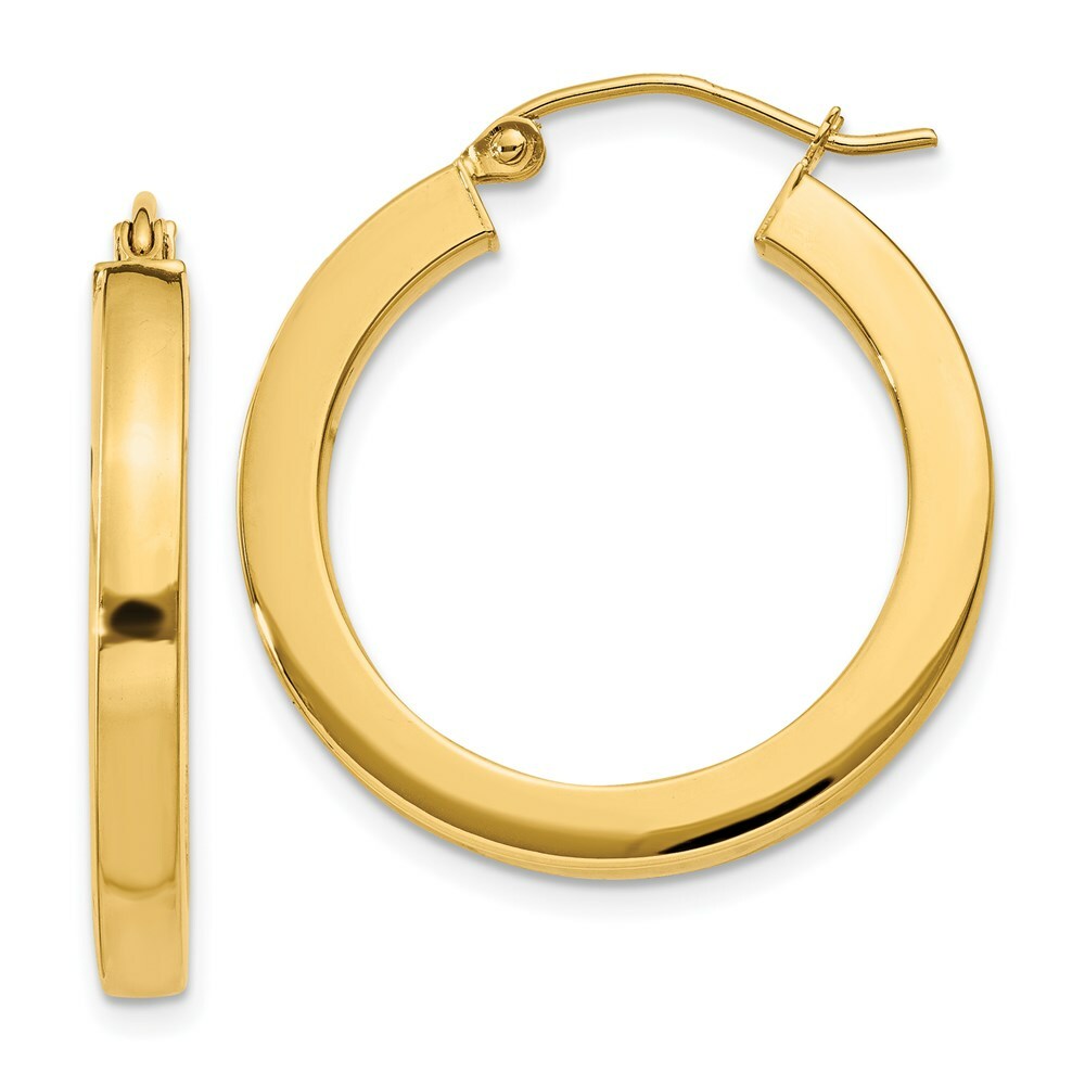 14K Yellow Gold 3mm Polished Square Hoop Earrings  25mm length