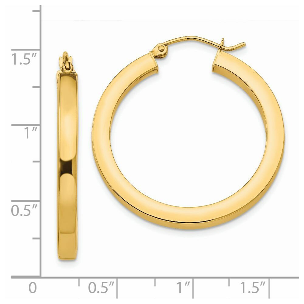 14K Yellow Gold 3mm Polished Square Hoop Earrings  30mm length