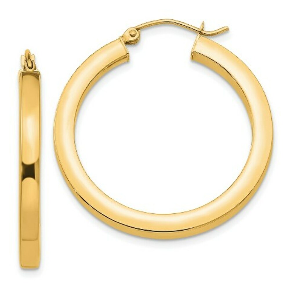 14K Yellow Gold 3mm Polished Square Hoop Earrings  30mm length