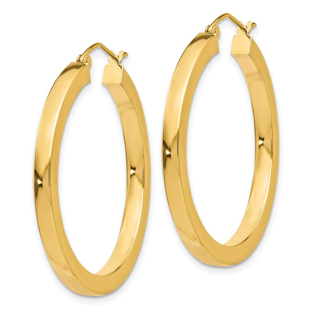 14K Yellow Gold 3mm Polished Square Hoop Earrings  35mm length