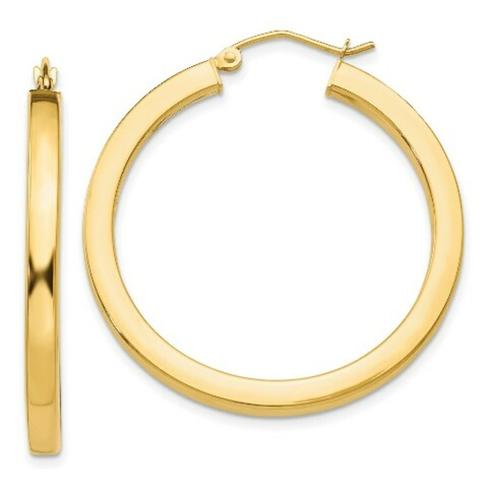 14K Yellow Gold 3mm Polished Square Hoop Earrings  35mm length