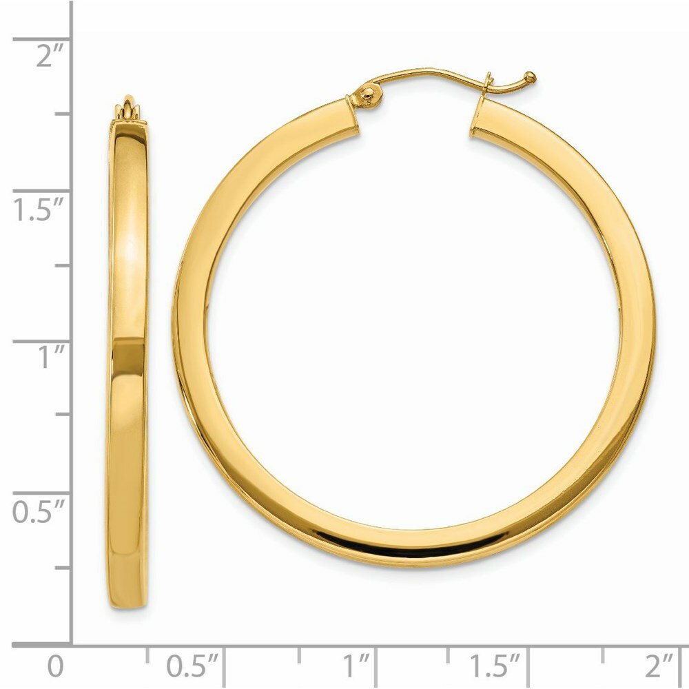 14K Yellow Gold 3mm Polished Square Hoop Earrings  40mm length