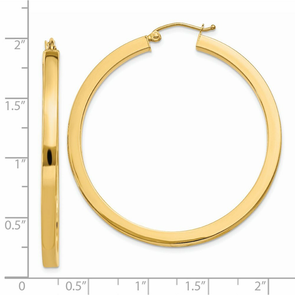 14K Yellow Gold 3mm Polished Square Hoop Earrings  45mm length