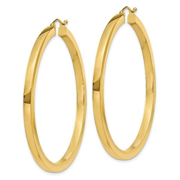 14K Yellow Gold 3mm Polished Square Hoop Earrings  50mm length