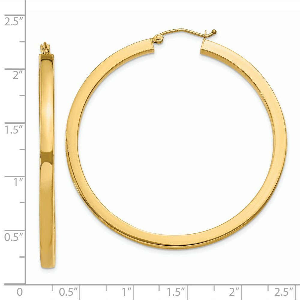 14K Yellow Gold 3mm Polished Square Hoop Earrings  50mm length