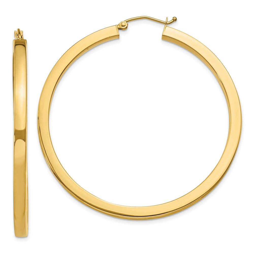 14K Yellow Gold 3mm Polished Square Hoop Earrings  50mm length
