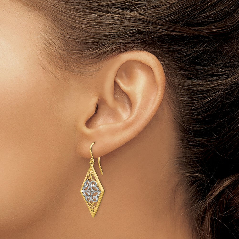 14K Two-tone Gold Rhodium Diamond Shape Filigree Dangle Earrings