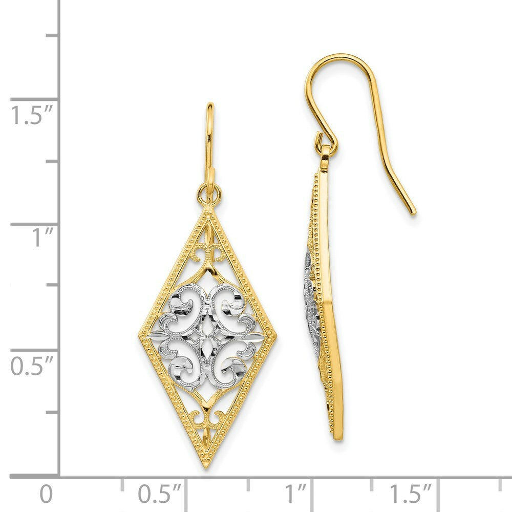 14K Two-tone Gold Rhodium Diamond Shape Filigree Dangle Earrings