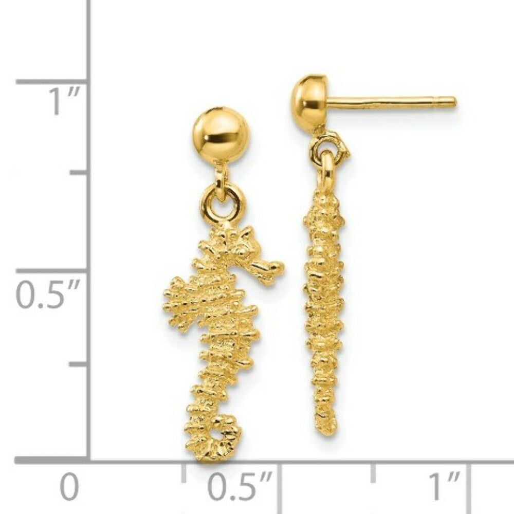 14K Yellow Gold Sea Horse Dangle Earrings