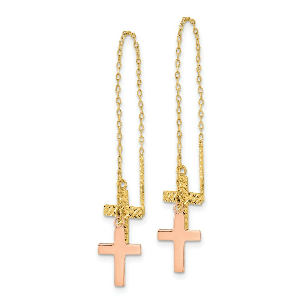 14k Yellow & Rose Gold Diamond-cut Polished Crosses Threader Earrings