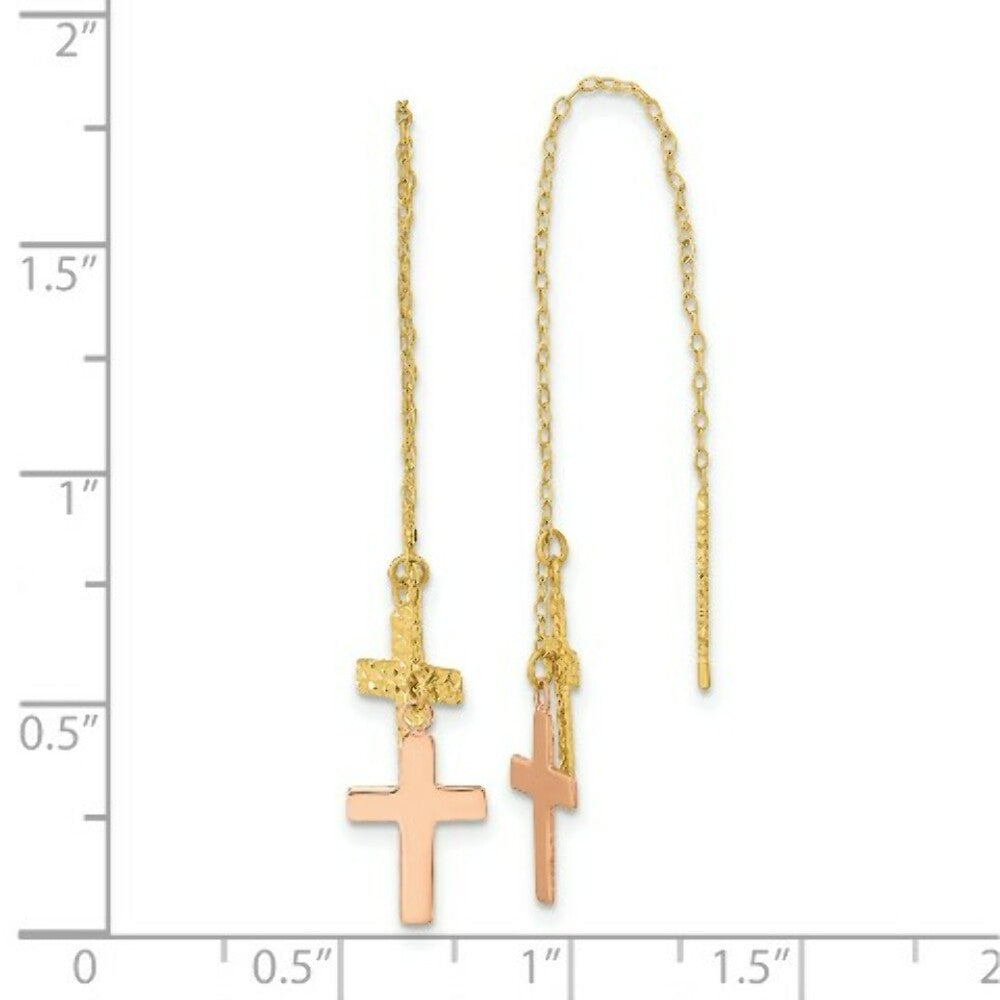 14k Yellow & Rose Gold Diamond-cut Polished Crosses Threader Earrings