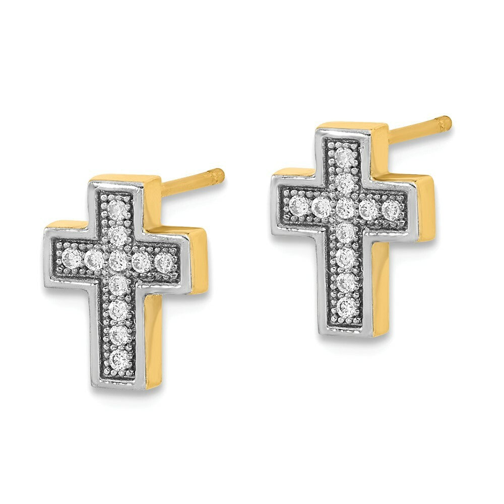14k Yellow Gold Micro Pave CZ Cross Post Earrings