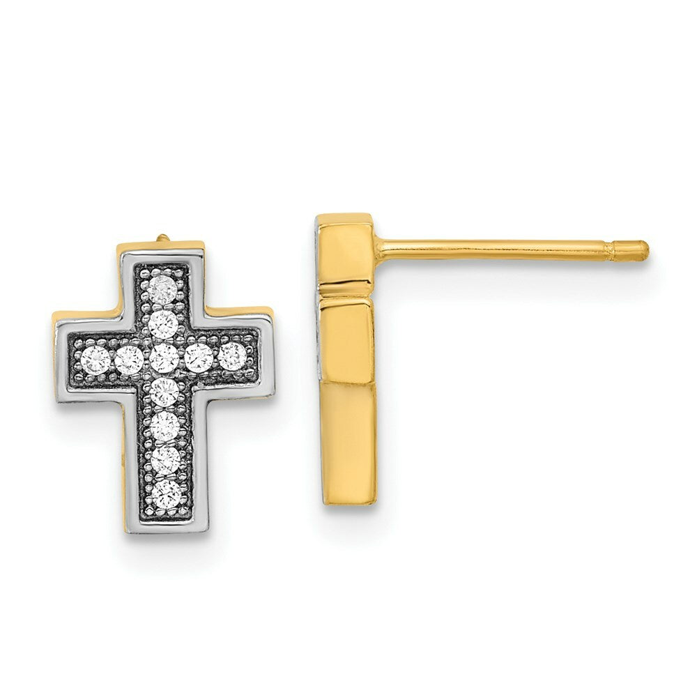 14k Yellow Gold Micro Pave CZ Cross Post Earrings