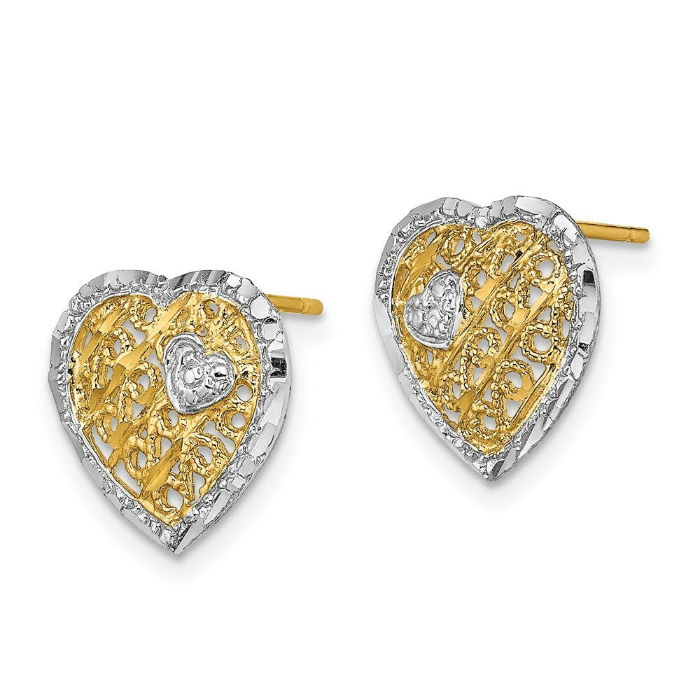 14K Two-tone Gold Filigree Heart Post Earrings
