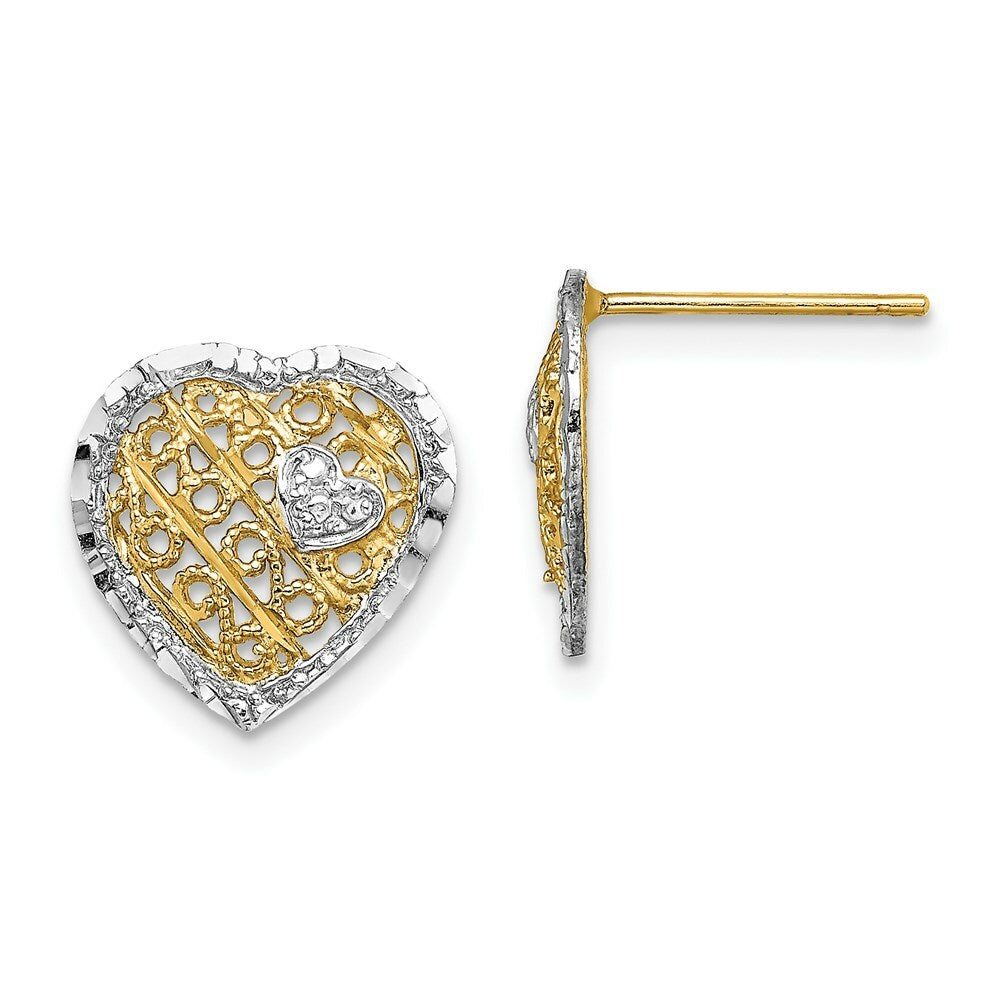 14K Two-tone Gold Filigree Heart Post Earrings