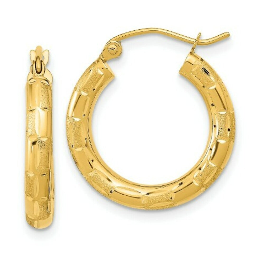 14K Yellow Gold Polished, Satin & Diamond-cut Hoop Earrings