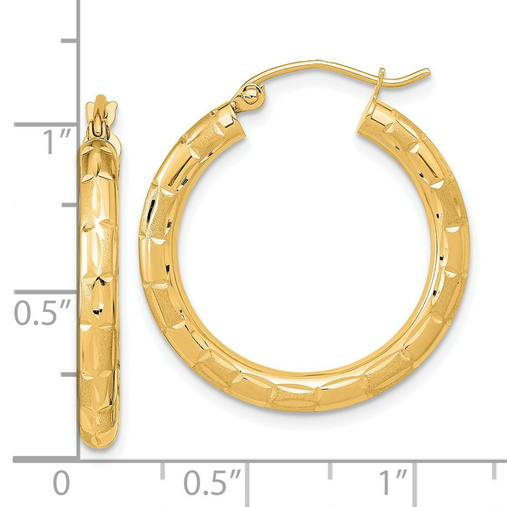 14K Yellow Gold Polished, Satin & Diamond-cut Hoop Earrings