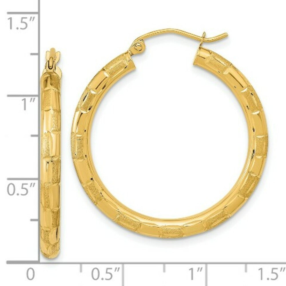 14K Yellow Gold Polished, Satin & Diamond-cut Hoop Earrings