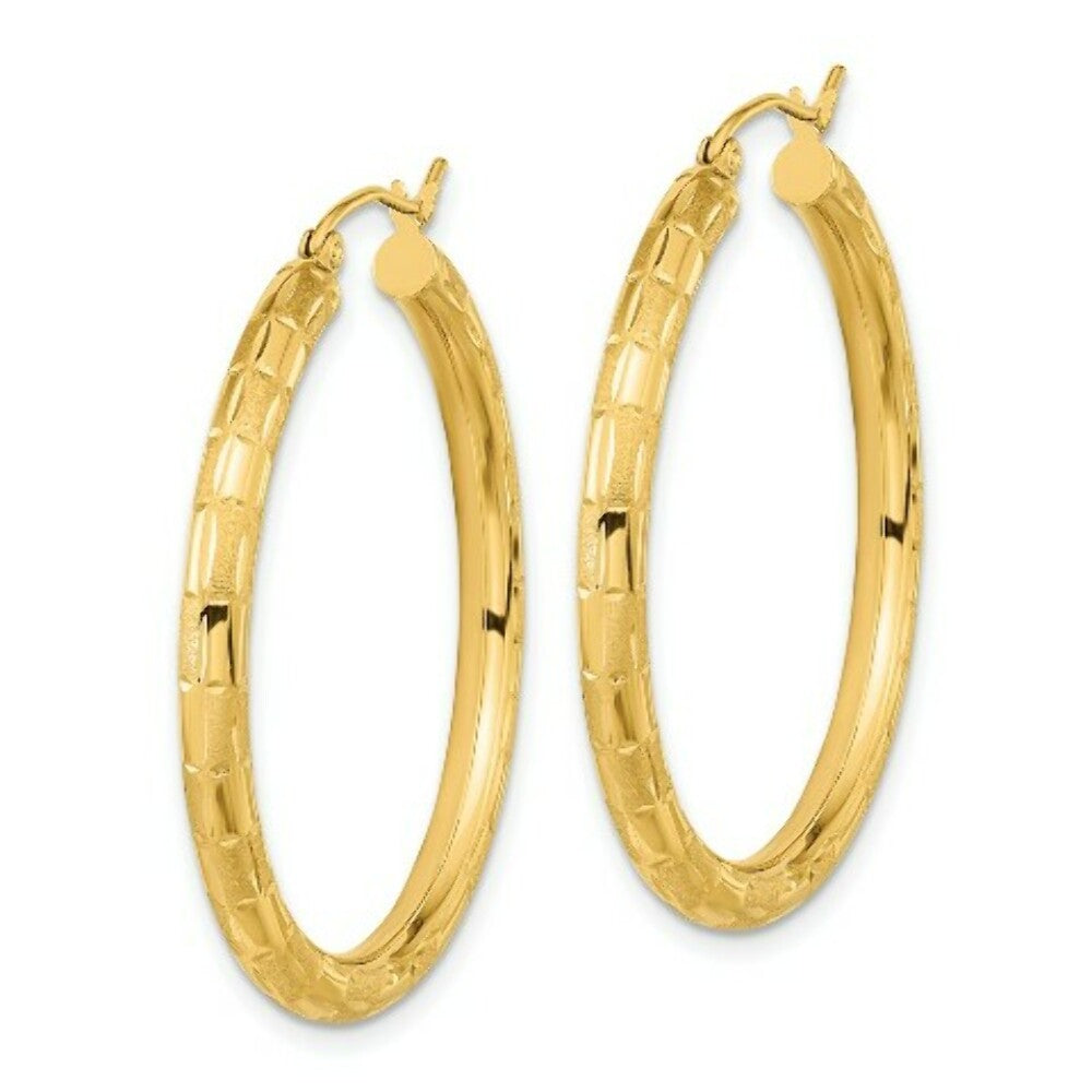 14K Yellow Gold Polished, Satin & Diamond-cut Hoop Earrings