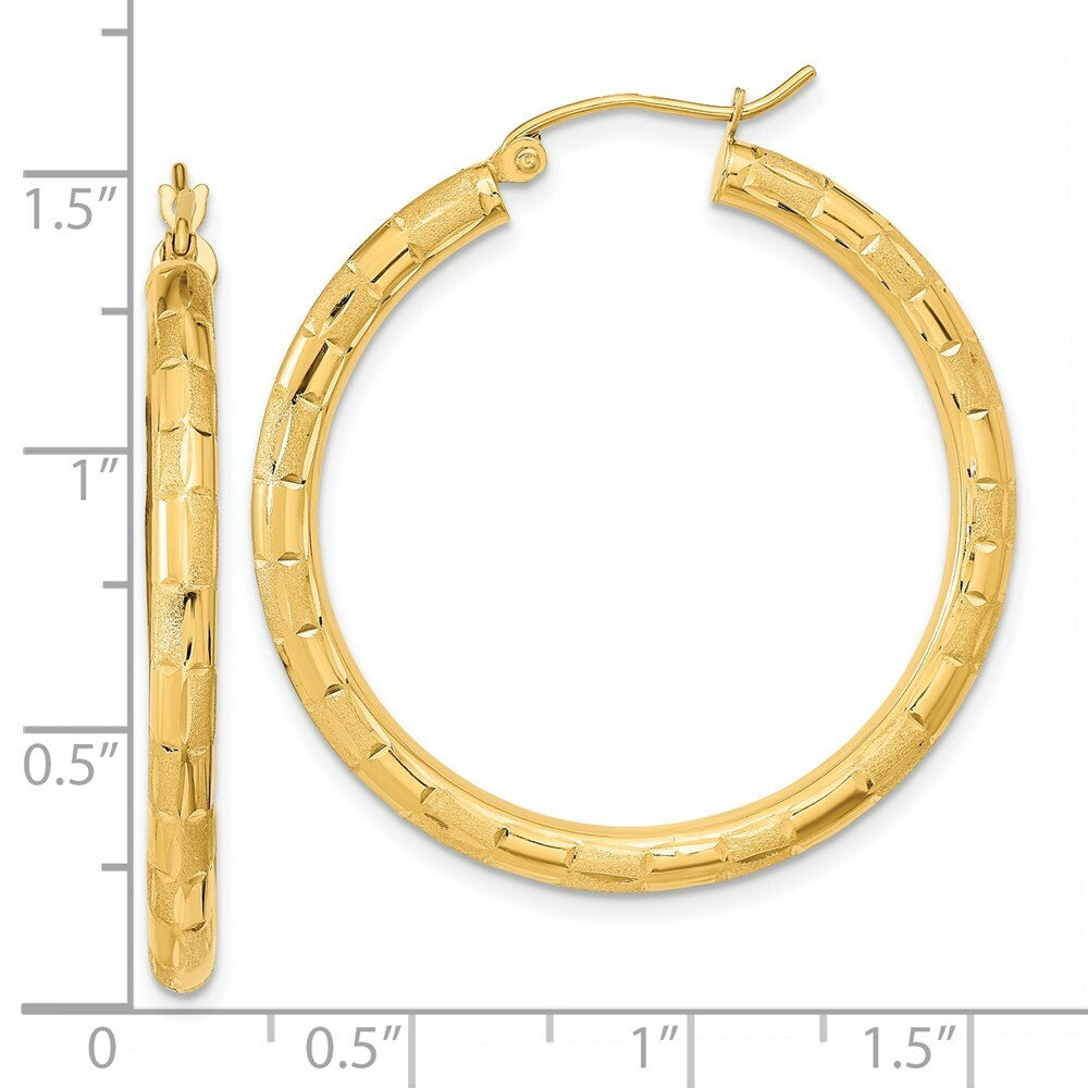 14K Yellow Gold Polished, Satin & Diamond-cut Hoop Earrings