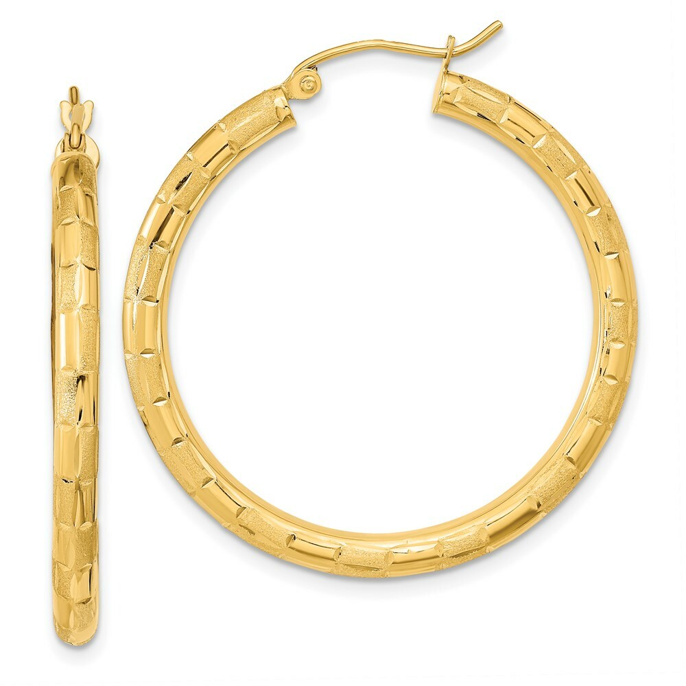14K Yellow Gold Polished, Satin & Diamond-cut Hoop Earrings