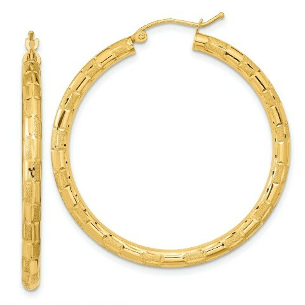 14K Yellow Gold Polished, Satin & Diamond-cut Hoop Earrings