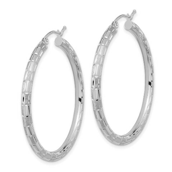 14k White Gold Polished, Satin & Diamond-cut Hoop Earrings