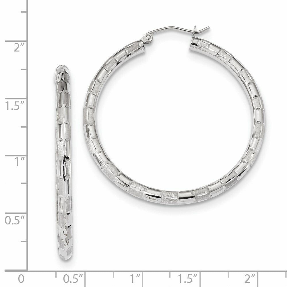 14k White Gold Polished, Satin & Diamond-cut Hoop Earrings