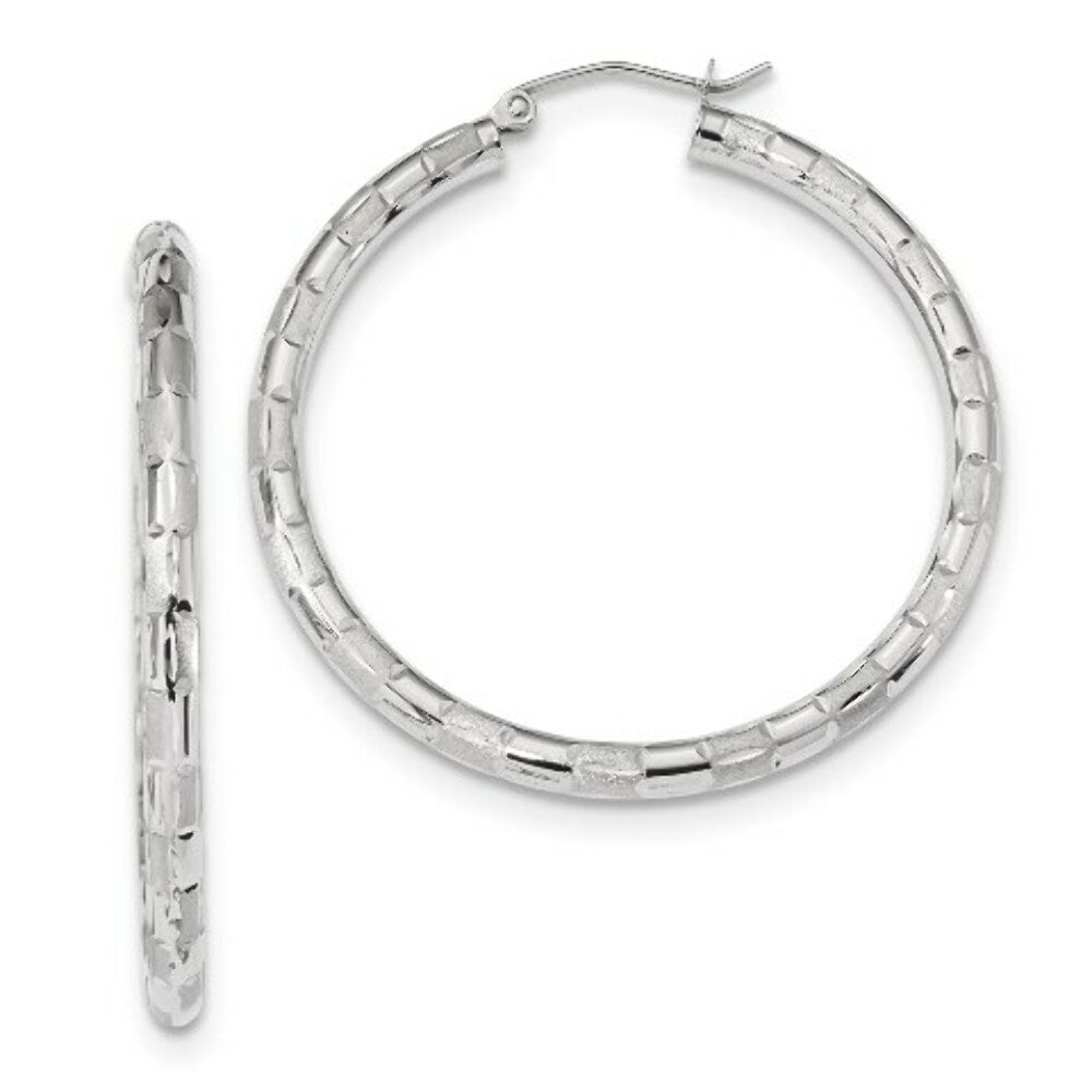 14k White Gold Polished, Satin & Diamond-cut Hoop Earrings
