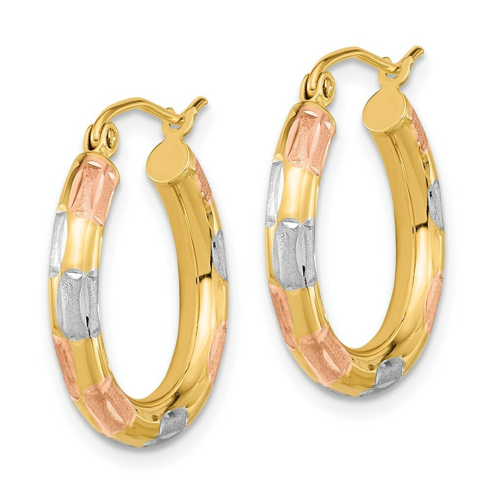 14k Yellow Gold White & Rose Checkered Design Polished, Satin & Diamond-cut 20mm Hoop Earrings
