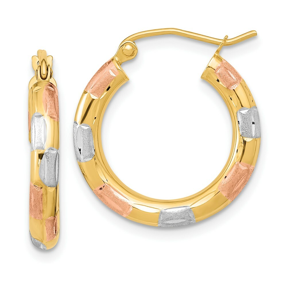 14k Yellow Gold White & Rose Checkered Design Polished, Satin & Diamond-cut 20mm Hoop Earrings