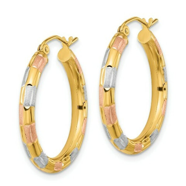 14k Tri-Color Gold Checkered Design Polished, Satin & Diamond-cut 25mm  1 inch Hoop Earrings