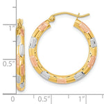 Load image into Gallery viewer, 14k Tri-Color Gold Checkered Design Polished, Satin &amp; Diamond-cut 25mm  1 inch Hoop Earrings
