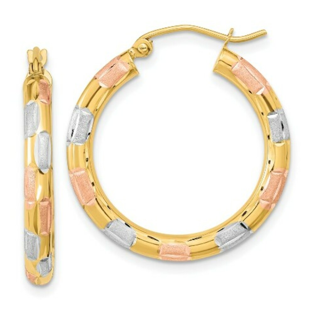 14k Tri-Color Gold Checkered Design Polished, Satin & Diamond-cut 25mm  1 inch Hoop Earrings