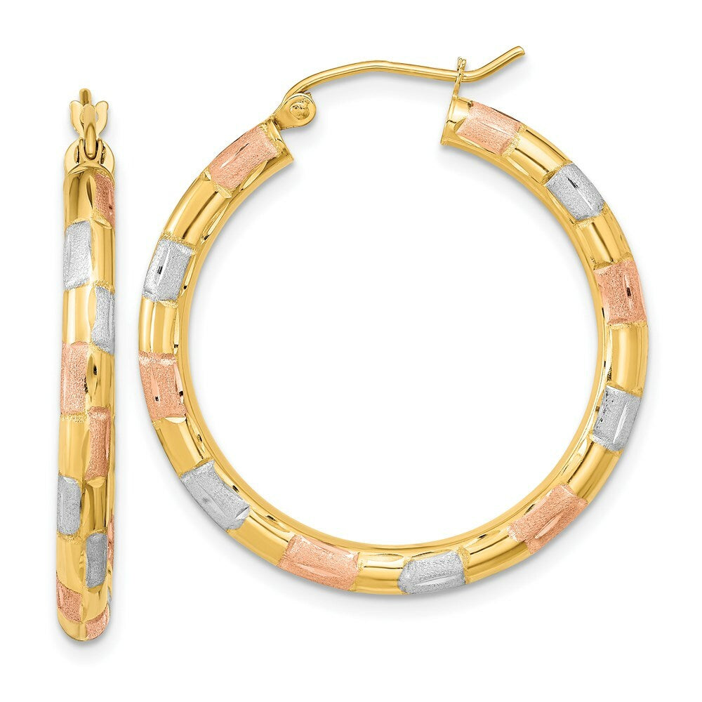 14k Yellow Gold w/ White & Rose Rhodium Polished, Satin & Diamond-cut Hoop Earrings