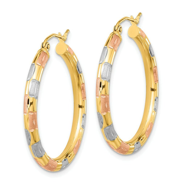 14k Yellow Gold w/ White & Rose Rhodium Polished, Satin & Diamond-cut Hoop Earrings